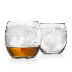 Globe Set Decanter with 2 Etched Globe Whisky Glasses