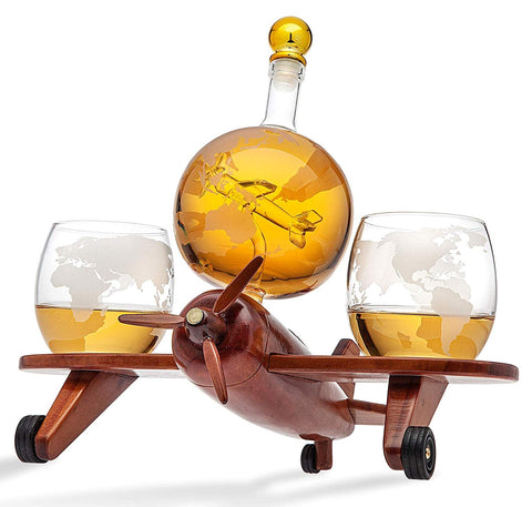 Airplane Globe Decanter Set with 2 World Whisky Glasses